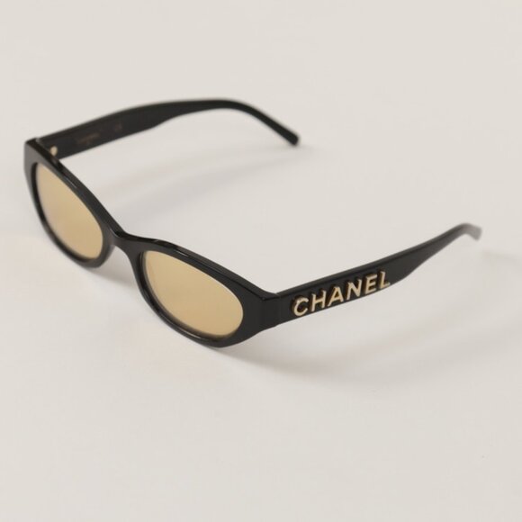 Chanel Gold Holographic Sunglasses Reflective Logo Lens Skinny Frame - Picture 3 of 10